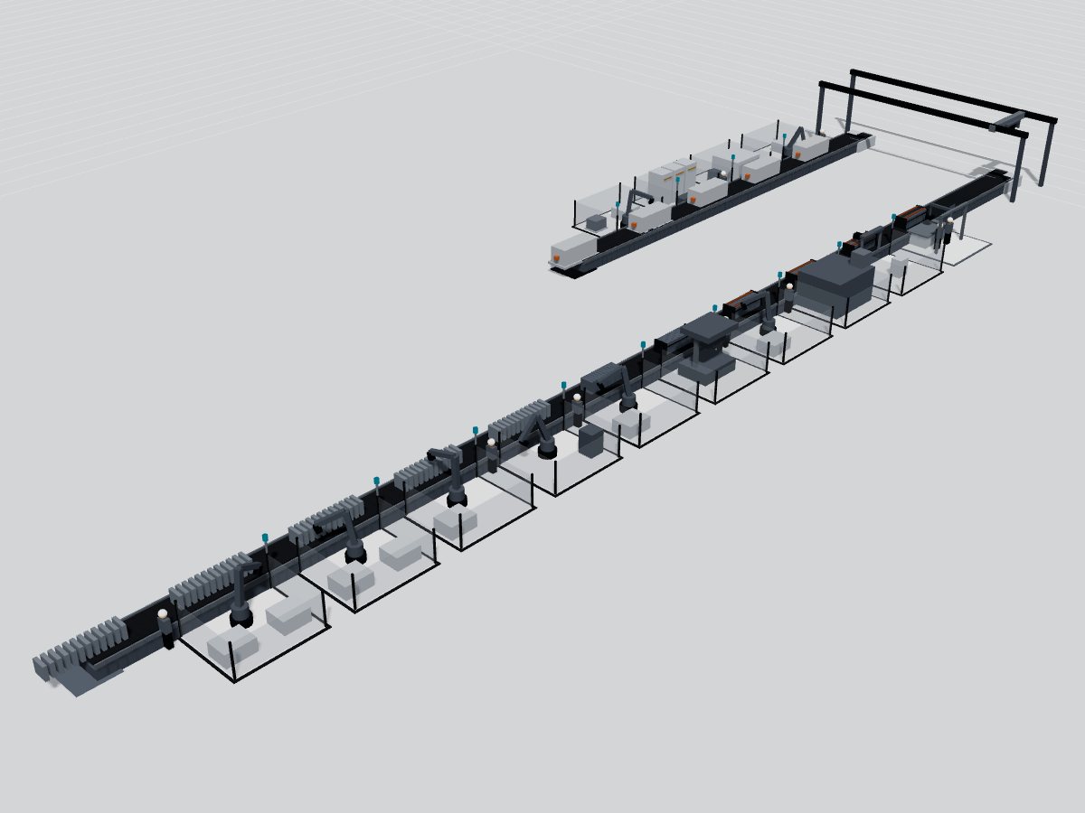 3D model of a pack plant: module line and pack line in parallel, joined by a gantry crane